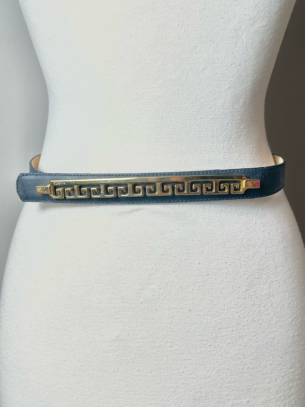 Vintage - Greek Key Navy Leather Waist Belt